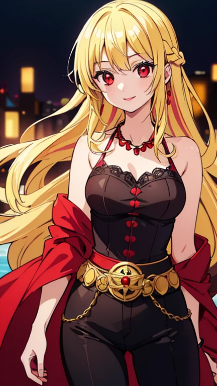 Beautiful anime girl, solo, 1girl, looking at viewer, cute, beautiful, red eyes, long hair, open hair, blonde hair, braided hair, StrawHat, one piece, smiling, light skin, red lips, anime, best quality, masterpiece, extremely detailed, 4k, red eyes, beautiful red eyes, detailed face, detailed eyes, golden necklace, golden earings, standing, extremely beautiful, high quality eyes, hair covering one eye,  wanostyle, ((masterpiece)), (best quality), (extremely detailed), depth of field, sketch, dark intense shadows, sharp focus, soft lighting, hdr, colorful, good composition, spectacular, (Highest quality illustrations:1.2), (Kawaii Girl:1.1), (1girl in, solo:1.5), One pose、Neat and clean image、ultradetailed eyes:1.2), ((red-eyed、Blonde hair:1.5))、hair wavy、curlyhair, hair wavy、BREAK(top-quality、ultra-detailliert、highly detailed and beautiful、超A high resolution、Detailed arm:1.2)、a closeup, Wink, ocean beach background, pirate, high quality jewelry, thin body, black top, open red coat, black pants, cowboy shot