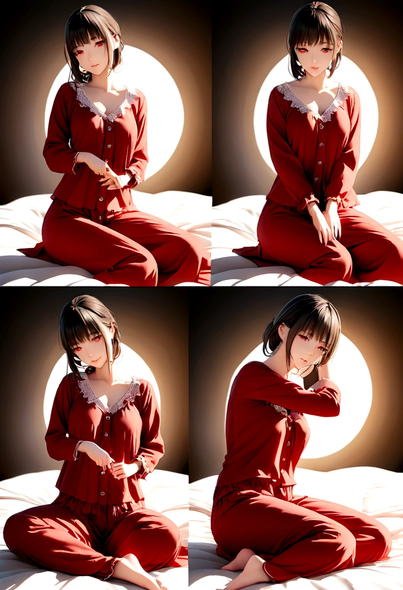 Create ahigh-quality 8K images introducing a red sleepwear set with a model posing elegantly on a bed. The images should feature professional 3D photography angles to highlight the product from all perspectives, with realistic photo-like quality. Use lighting effects to enhance the product and the model's body and facial beauty. Follow these specific instructions: Initial Wide Shot: Start with a wide shot of the entire scene, showing the model and the bed in a well-lit, aesthetically pleasing bedroom setting. Ensure the red sleepwear is prominently visible. Close-Up Detail Shots: Capture close-up shots of the red sleepwear to highlight the details, including fabric texture, design elements, and any unique features such as lace, buttons, or patterns. 360-Degree Views: Create images from multiple 3D angles around the model to provide a comprehensive view of the sleepwear. Ensure the shots include front, back, and side views, with the model in different poses to show how the fabric moves and drapes naturally. Dynamic Poses: Include images of the model in various poses such as lying down, sitting up, and stretching. This will demonstrate the versatility and comfort of the sleepwear. Lighting Effects: Use soft, flattering lighting to create depth and highlight the texture of the fabric. Play with light and shadow to make the red color of the sleepwear pop and to emphasize the model's natural beauty. Facial Beauty Highlight: Ensure some shots focus on the model’s face, capturing her expressions and enhancing her natural beauty with appropriate lighting. Aesthetic Background: The background should complement the sleepwear and the overall aesthetic of the images, creating a sense of luxury and comfort.