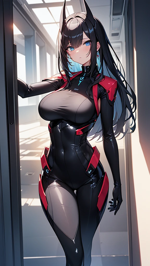 (Highly detailed CG Unity 8k wallpaper,masterpiece, Biological, whole body),(Best lighting, Best Shadow, Very delicate and beautiful),(One girl),blue eyes, , Black Hair,Red and black off-the-shoulder SF bodysuit,Neck Seal,High-tech sci-fi corridor, Dynamic pose, Detailed Machinery, Sleek design., {{An extraterrestrial lifeform preys on girls and takes their place、Her breasts are than a real girl's}}, Unknown sensation, Feels good, Vigorous movement, more, instinct, Female fall, Bouncing chest, loose, loose, Next to a real girl skeleton, NSFW