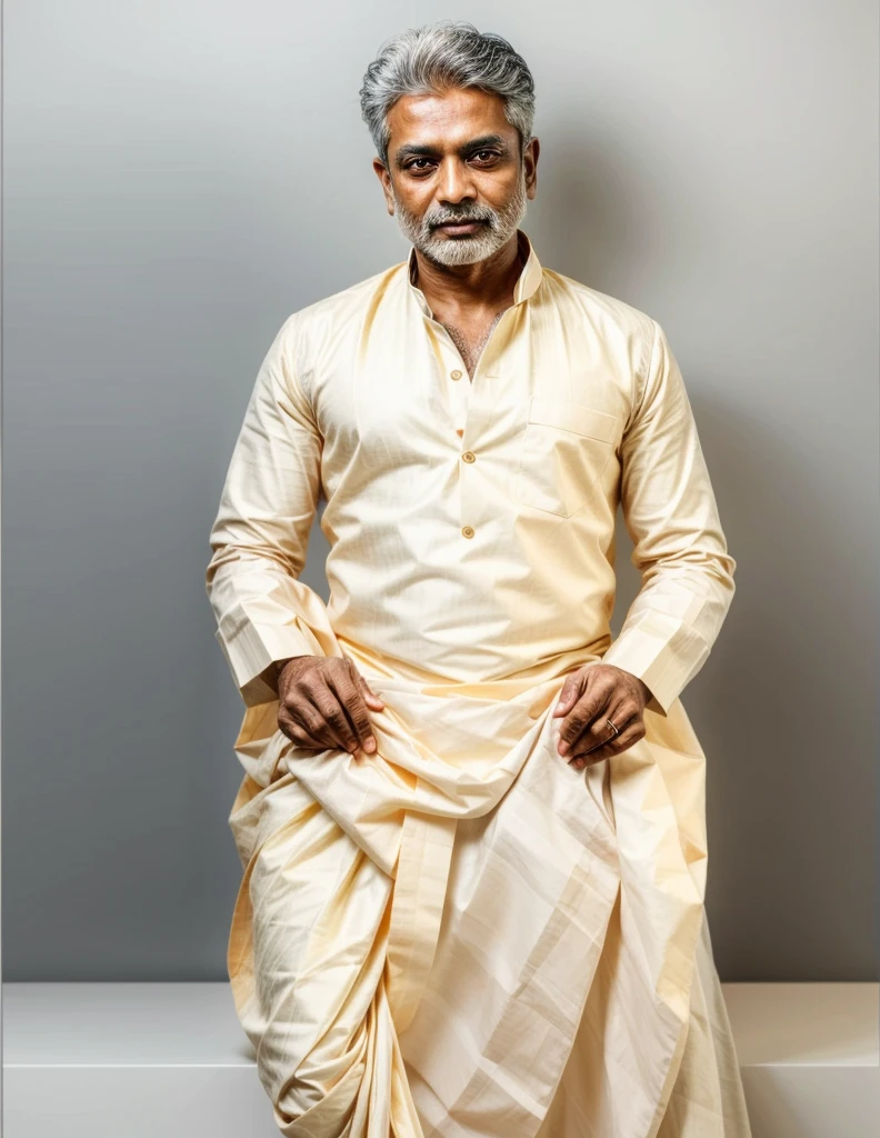 a detailed portrait of a middle-aged indian man, wearing traditional bengali clothing, beautiful detailed eyes, beautiful detailed lips, extremely detailed eyes and face, smooth skin, 40 years old, intricate cultural patterns on clothing, warm lighting, high contrast, cinematic composition, dramatic lighting, chiaroscuro, rich colors, photorealistic, 8k, hyper detailed, award winning artwork