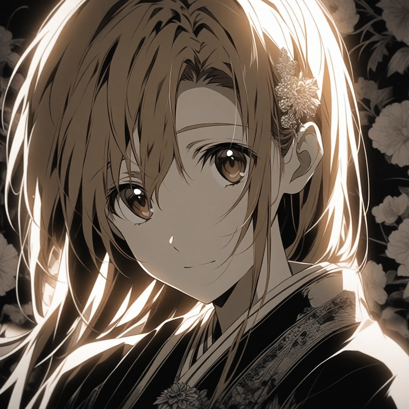 Beautiful anime portrait,Brown monochrome,Oriental Wallpaper,Pink,Feeling,very anime style,1girl, Asuna, Sword Art Online,Flowers,Close-up,Soft Light,Rich in details,The expression is firm,Kimono decoration,Background blur,Vivid colors,情Feeling深沉,front,Brown eyes