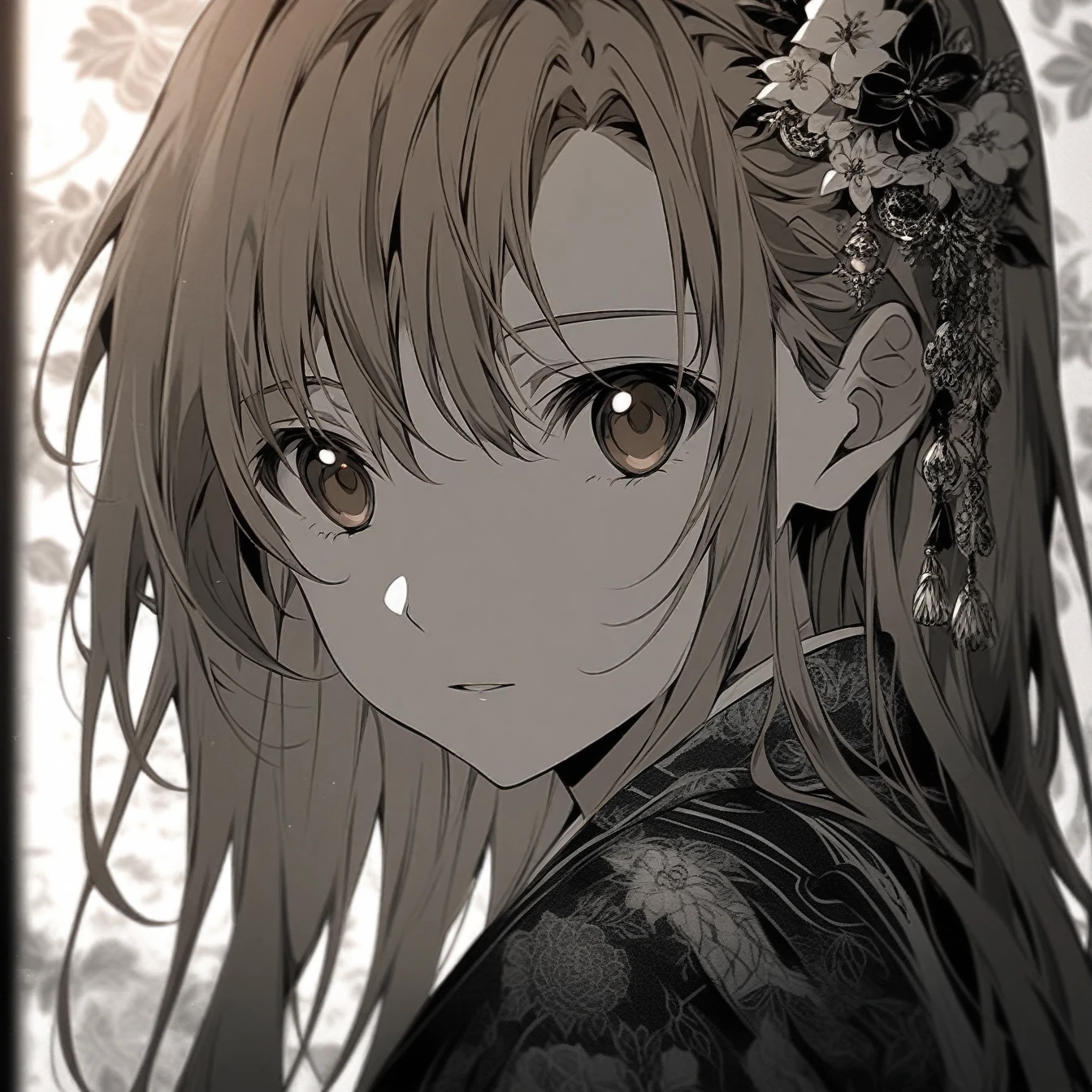 Beautiful anime portrait,Brown monochrome,Oriental Wallpaper,Pink,Feeling,very anime style,1girl, Asuna, Sword Art Online,Flowers,Close-up,Soft Light,Rich in details,The expression is firm,Kimono decoration,Background blur,Vivid colors,情Feeling深沉,front,Brown eyes