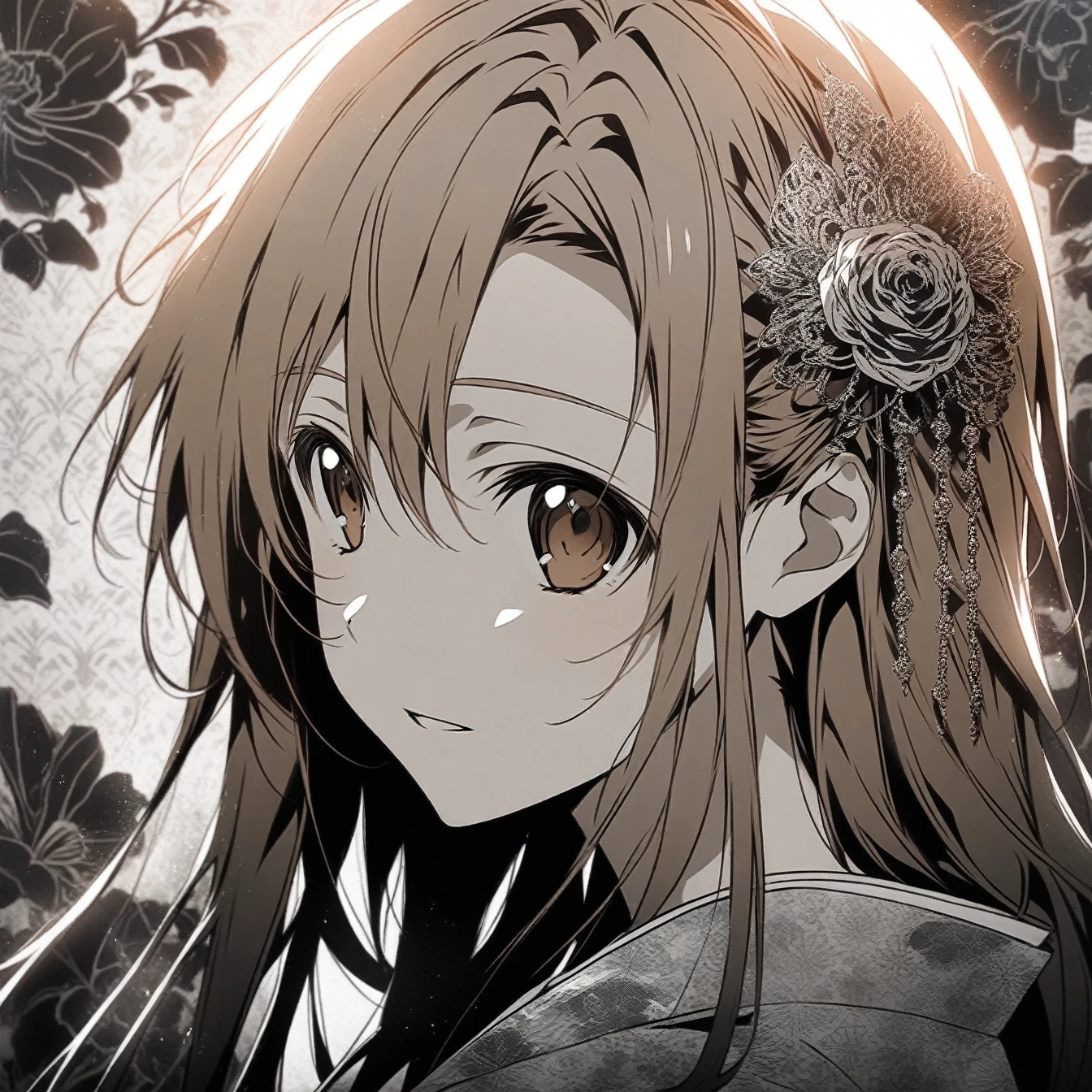 Beautiful anime portrait,Brown monochrome,Oriental Wallpaper,Pink,Feeling,very anime style,1girl, Asuna, Sword Art Online,Flowers,Close-up,Soft Light,Rich in details,The expression is firm,Kimono decoration,Background blur,Vivid colors,情Feeling深沉,front,Brown eyes