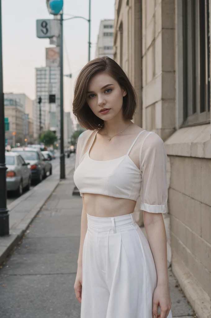 her name is Elektra, high quality, 1girl, ((20-year-old fit Caucasian woman)), ((20 years old)), ((fit)), ((pale skin)), short bob brunette hair, pose: standing, wearing pastel colored edgy gothic clothes, background: cityscapes