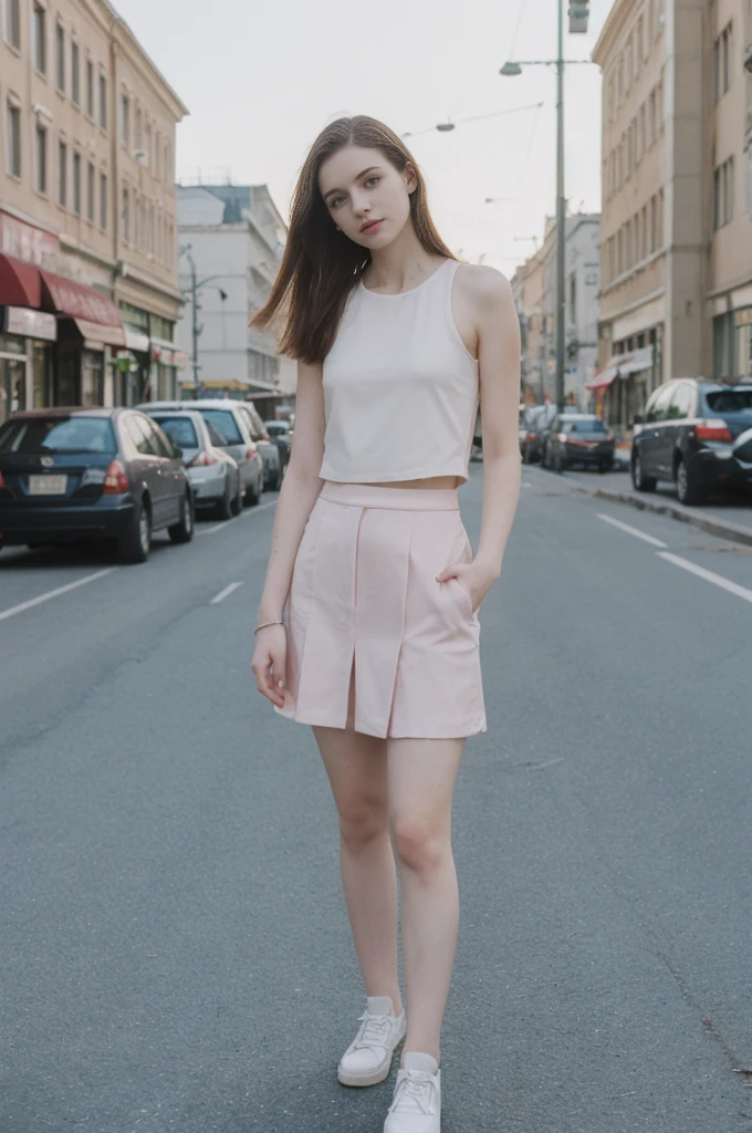 her name is Elektra, high quality, 1girl, ((20-year-old fit Caucasian woman)), ((20 years old)), ((fit)), ((pale skin)), short bob brunette hair, pose: standing, wearing pastel colored edgy gothic clothes, background: cityscapes