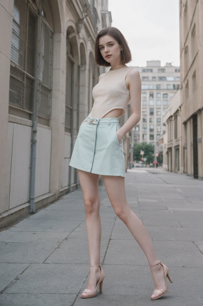 her name is Elektra, high quality, 1girl, ((20-year-old fit Caucasian woman)), ((20 years old)), ((fit)), ((pale skin)), short bob brunette hair, pose: standing, wearing pastel colored edgy gothic clothes, background: cityscapes