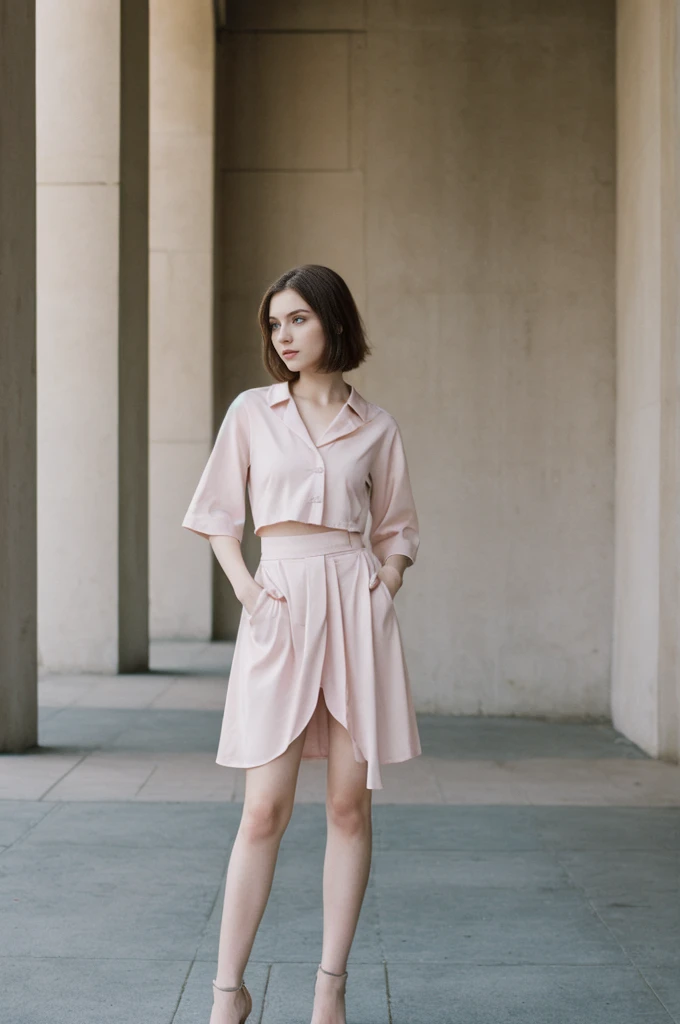 her name is Elektra, high quality, 1girl, ((20-year-old fit Caucasian woman)), ((20 years old)), ((fit)), ((pale skin)), short bob brunette hair, pose: standing, wearing pastel colored edgy gothic clothes, background: cityscapes