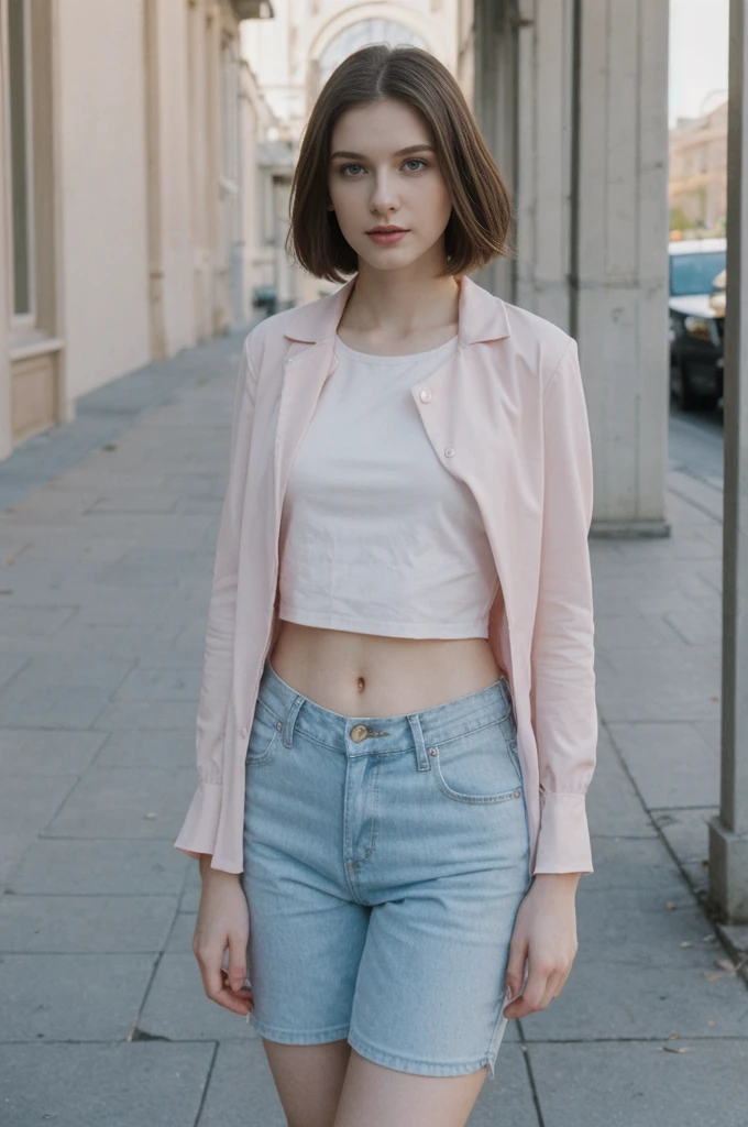 her name is Elektra, high quality, 1girl, ((20-year-old fit Caucasian woman)), ((20 years old)), ((fit)), ((pale skin)), short bob brunette hair, pose: standing, wearing pastel colored edgy gothic clothes, background: cityscapes