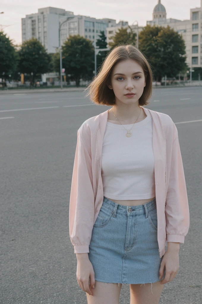 her name is Elektra, high quality, 1girl, ((20-year-old fit Caucasian woman)), ((20 years old)), ((fit)), ((pale skin)), short bob brunette hair, pose: standing, wearing pastel colored edgy gothic clothes, background: cityscapes