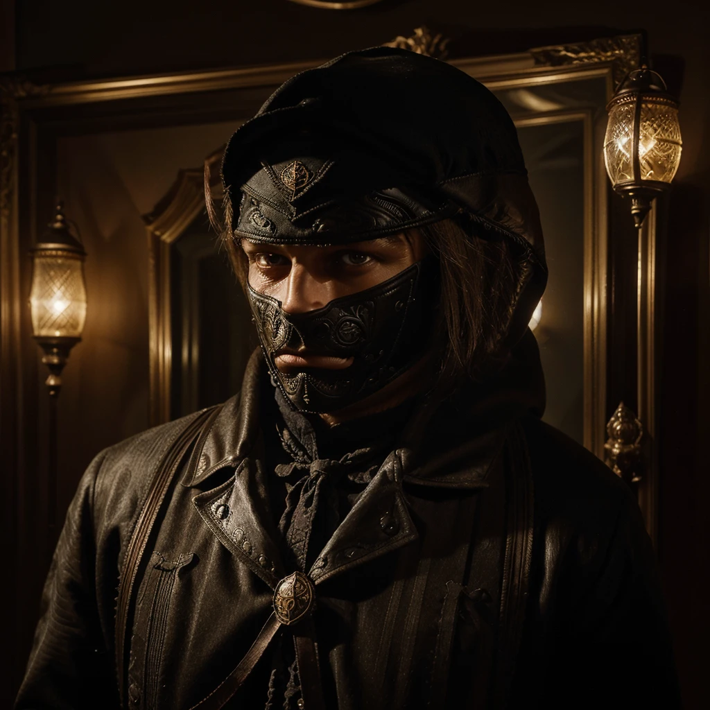 Generate an image of a Victorian-era detective, Detective Alexander Hartley, with furrowed brows, standing in a dimly lit room, examining a mysterious letter adorned with an emblem reminiscent of a masked figure. Capture the intensity in his eyes as he contemplates the challenge posed by the emblem.