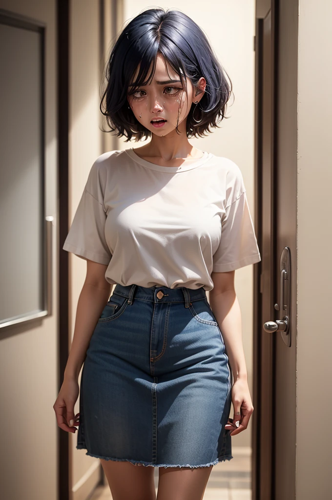 Large shirt and a denim skirt standing on short dark blue hair crying and with her hand in her hair