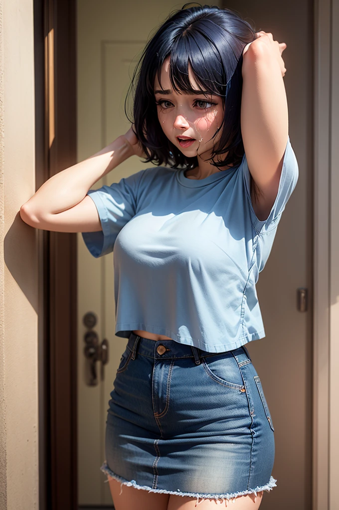 Large shirt and a denim skirt standing on short dark blue hair crying and with her hand in her hair