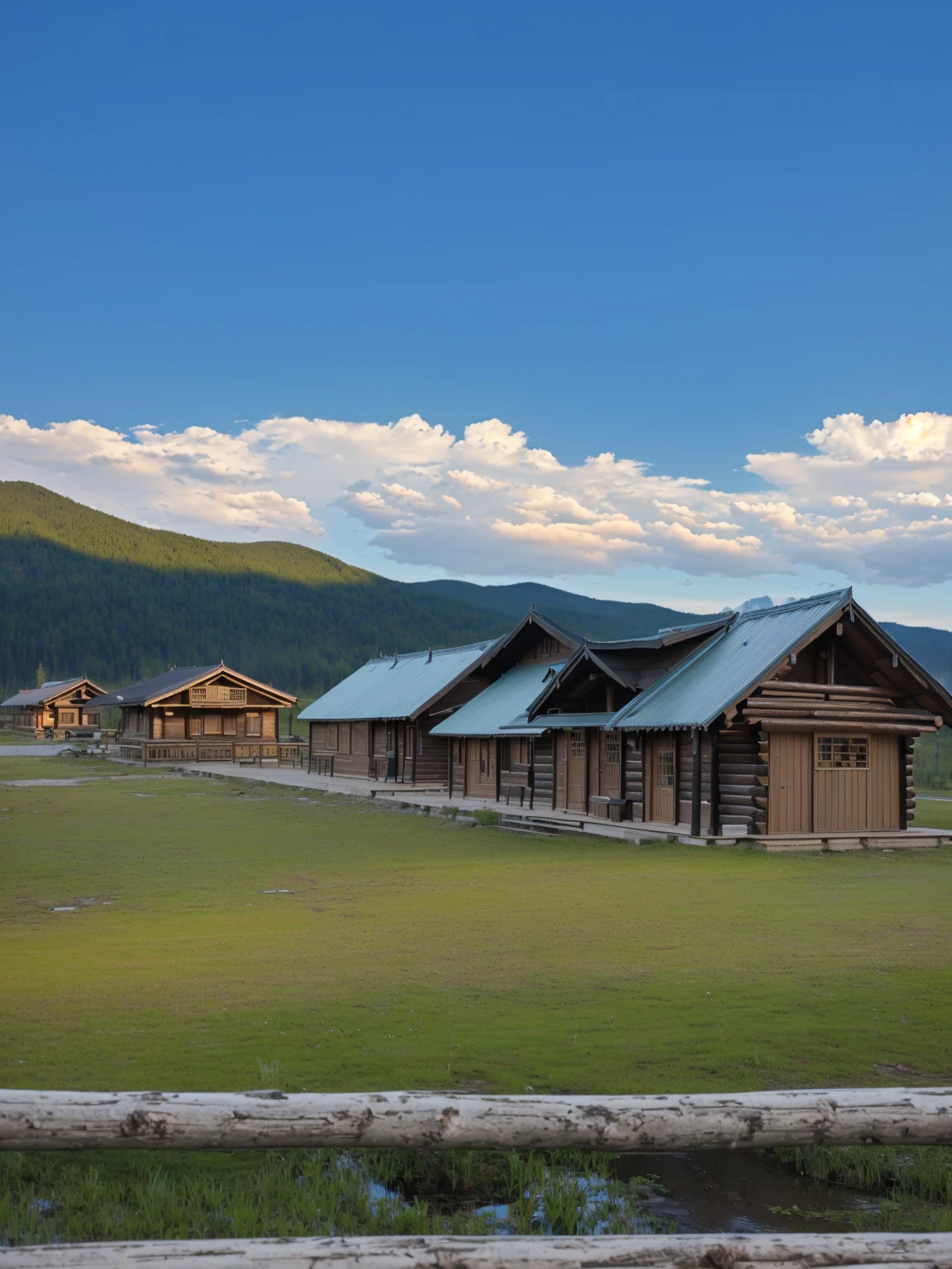 花田里有很多小Log House, Log House, near lake baikal, 山上建造的Log House, Some houses in the background, Soviet town ground landscape, Cabin in the foreground, Russian Village, Grass in the background, 村s at background, Several cottages, Sci-fi Mongolian Village, Wooden buildings, Small house