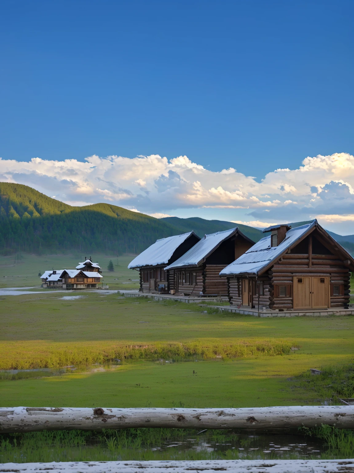 花田里有很多小Log House, Log House, near lake baikal, 山上建造的Log House, Some houses in the background, Soviet town ground landscape, Cabin in the foreground, Russian Village, Grass in the background, 村s at background, Several cottages, Sci-fi Mongolian Village, Wooden buildings, Small house