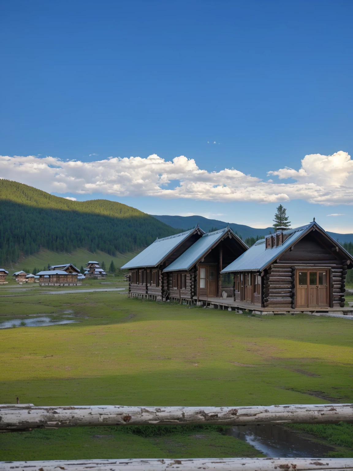 花田里有很多小Log House, Log House, near lake baikal, 山上建造的Log House, Some houses in the background, Soviet town ground landscape, Cabin in the foreground, Russian Village, Grass in the background, 村s at background, Several cottages, Sci-fi Mongolian Village, Wooden buildings, Small house