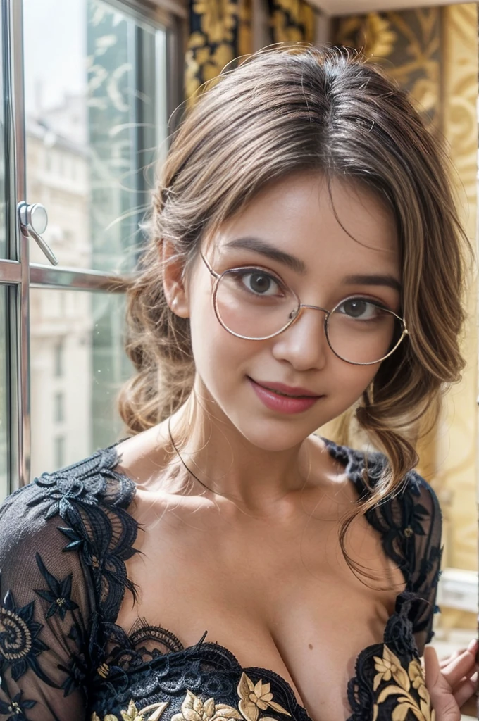 (A woman:1.5), (wearing long sleeve (black kebaya:1.2) with detailed gold batik ornament, classical glasses), (elegant pose:1.4) in the morning city, beautiful detailed eyes, grey blue eyes, beautiful face with flawless make-up, peaceful smiles, ((white hair:1.15), (black hair highlights:1.3) with braid hairstyle), plumpy postures, droopy large breast, low angle view, seen from forward, facing forward, (upper body), face focus, sunlight streaming through the building, cheerful ambient, colorful atmosphere, vibrant colors, natural beauty, youthful energy