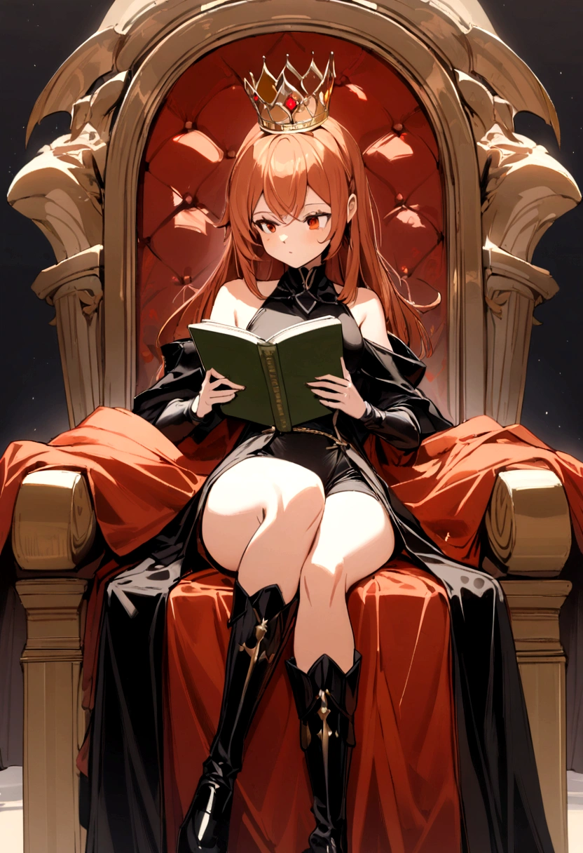 1 girl,smallbreast, russet hair , wearing a large black shirt that reaches the thighs, reading a book,consented, sitting on a throne in a bold way . a bold style, wearing a crown