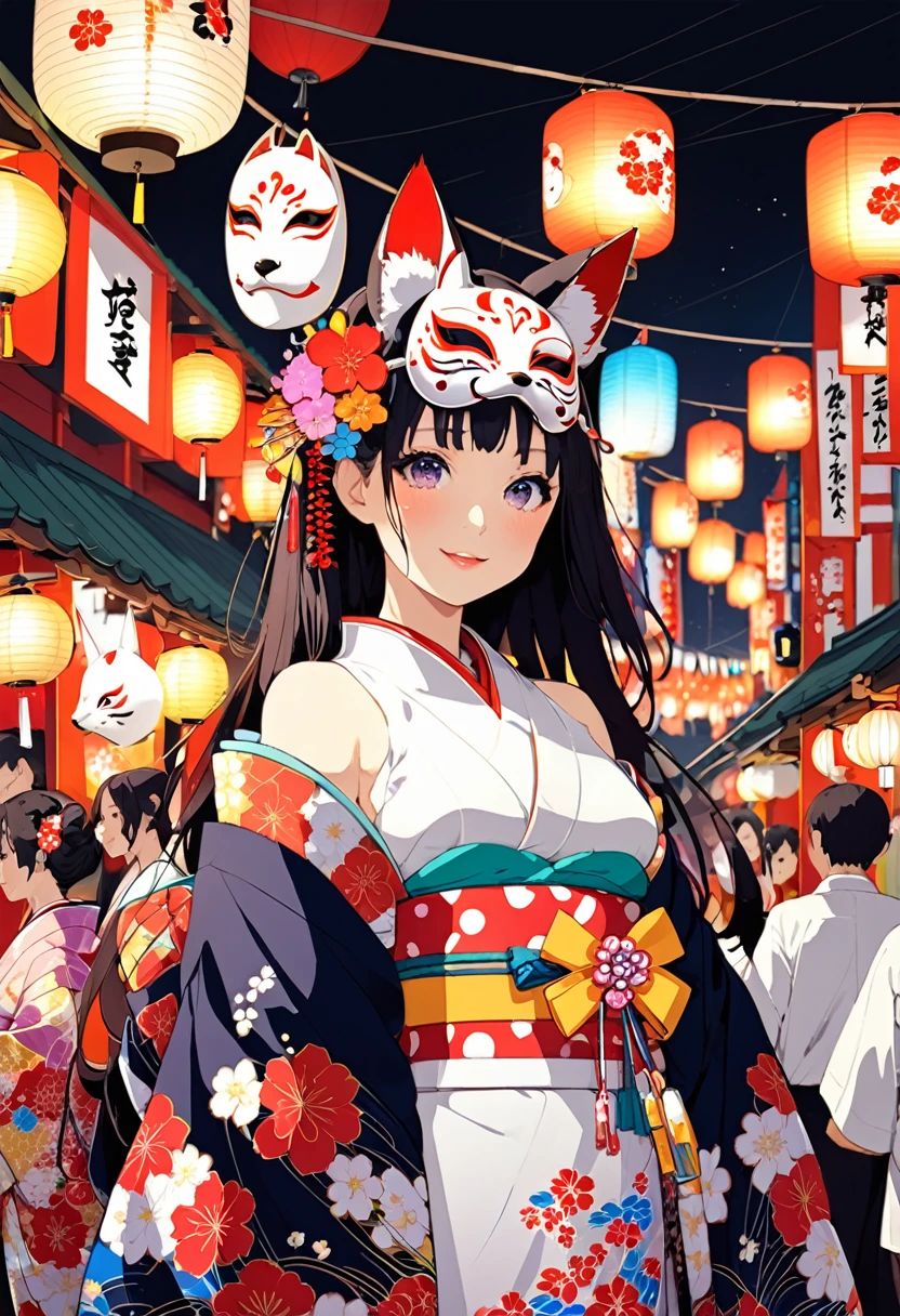Japan　Kawagoe　Summer festival　Bon dance　scaffold　Cool down　Japan風　Lantern　Fox Mask　A beautiful woman in a kimono is in the center of the image.
