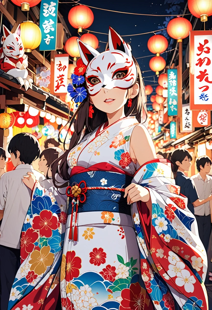 Japan　Kawagoe　Summer festival　Bon dance　scaffold　Cool down　Japan風　Lantern　Fox Mask　A beautiful woman in a kimono is in the center of the image.