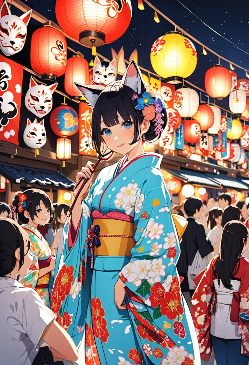 Japan Kawagoe Summer festival Bon dance scaffold Cool down Japan風 Lantern Fox Mask A beautiful woman in a kimono is in the center of the image.