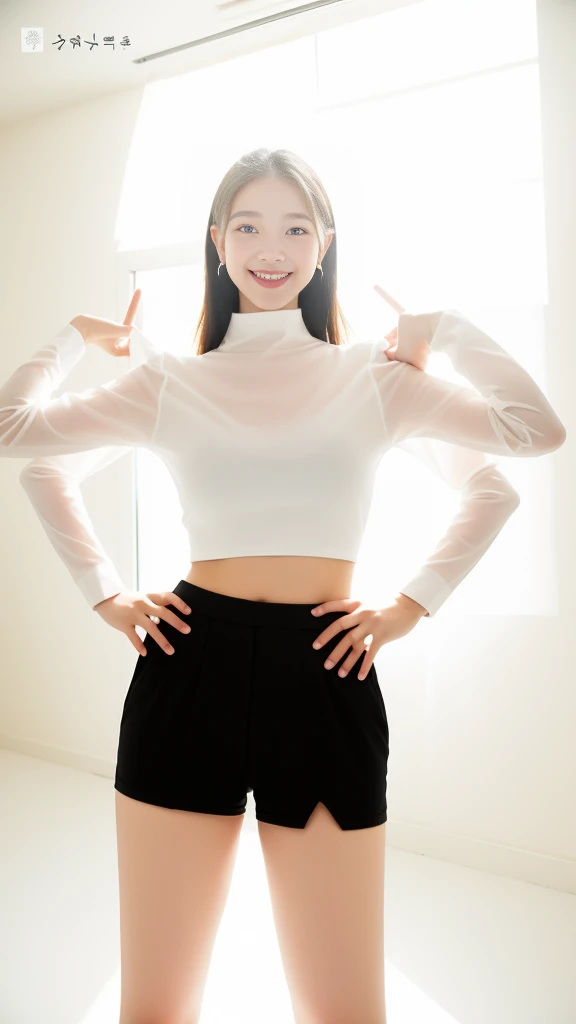 wonderful young girl,Clear eyes,black礼服, curvy arms, Incredibly beautiful, Confident smile,Strong posture, very beautiful, arms aside, 4 legs!, Showing legs,Long legs,black,Normal hand, Slender figure,21 years old,Korean