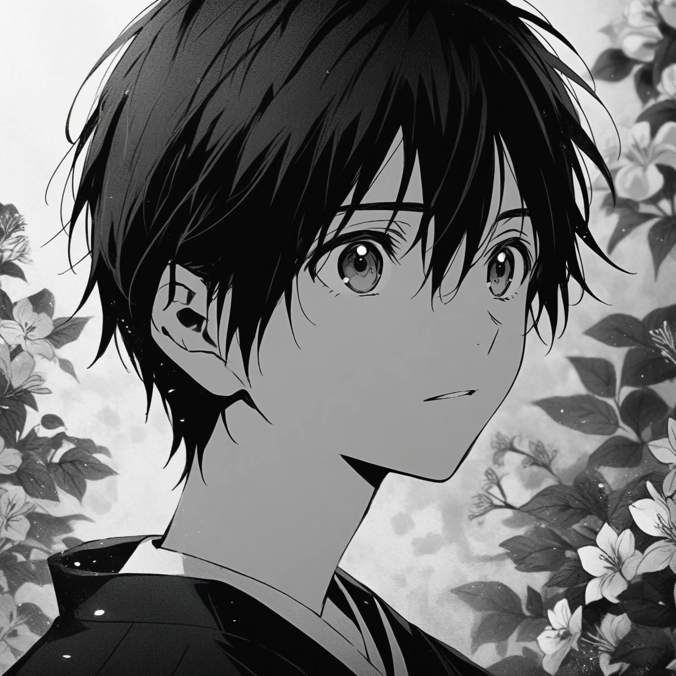 Beautiful anime portrait,Black and gray monochrome，Oriental Wallpaper，Pink，Feeling，very anime style，1boy,Kirigaya Kazuto,kirito ,Flowers，Close-up，Soft Light，Rich in details，The expression is firm，Kimono decoration，Background blur，Vivid colors，Feeling deep，front，Black eyes