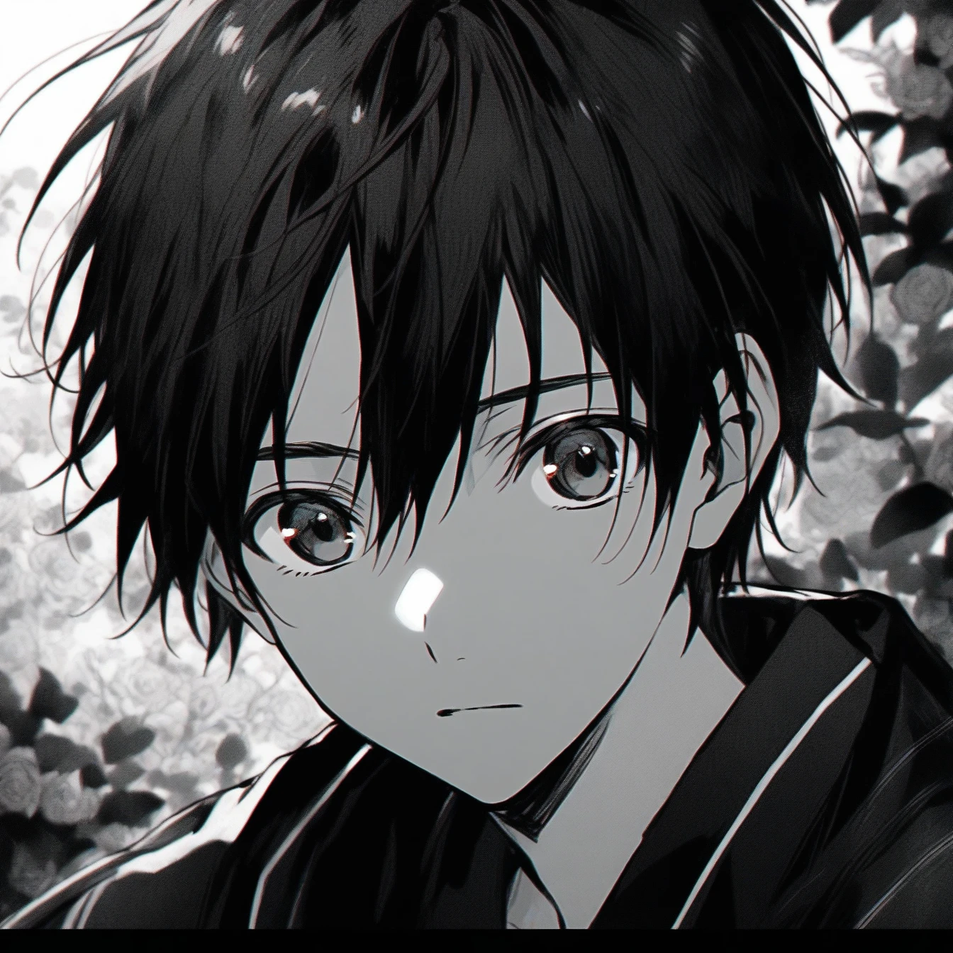 Beautiful anime portrait,Black and gray monochrome,Oriental Wallpaper,Pink,Feeling,very anime style,1boy,Kirigaya Kazuto,kirito ,Flowers,Close-up,Soft Light,Rich in details,The expression is firm,Kimono decoration,Background blur,Vivid colors,Feeling deep,front,Black eyes