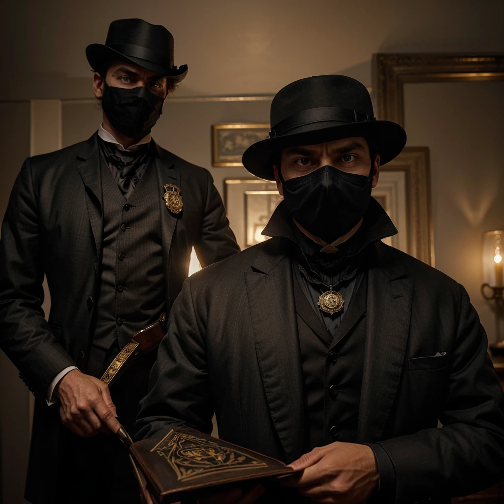 Generate an image of a Victorian-era detective, Detective Alexander Hartley, with furrowed brows, standing in a dimly lit room, examining a mysterious letter adorned with an emblem reminiscent of a masked figure. Capture the intensity in his eyes as he contemplates the challenge posed by the emblem.