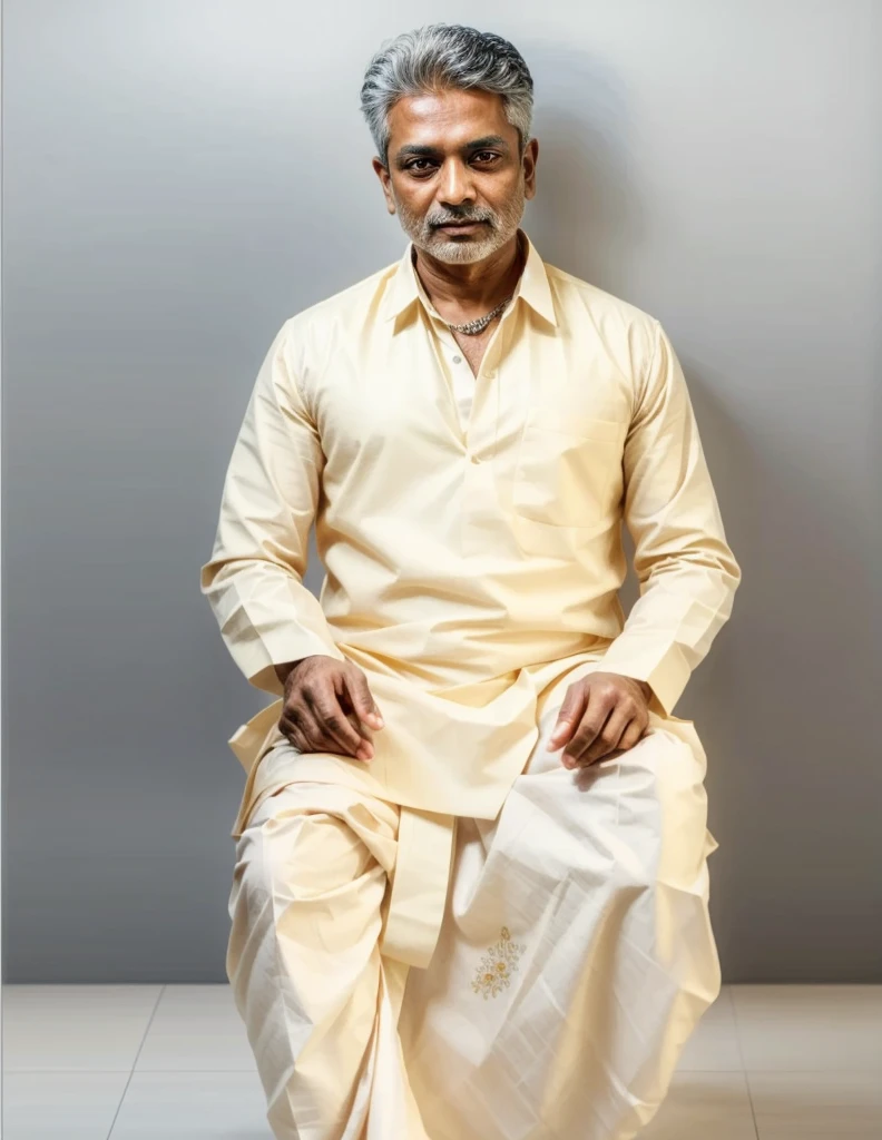a detailed portrait of a middle-aged indian man, wearing traditional bengali clothing, beautiful detailed eyes, beautiful detailed lips, extremely detailed eyes and face, smooth skin, 40 years old, intricate cultural patterns on clothing, warm lighting, high contrast, cinematic composition, dramatic lighting, chiaroscuro, rich colors, photorealistic, 8k, hyper detailed, award winning artwork