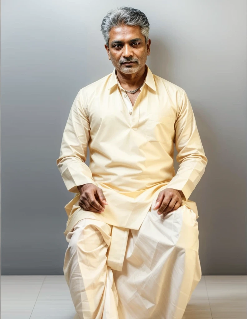 a detailed portrait of a middle-aged indian man, wearing traditional bengali clothing, beautiful detailed eyes, beautiful detailed lips, extremely detailed eyes and face, smooth skin, 40 years old, intricate cultural patterns on clothing, warm lighting, high contrast, cinematic composition, dramatic lighting, chiaroscuro, rich colors, photorealistic, 8k, hyper detailed, award winning artwork