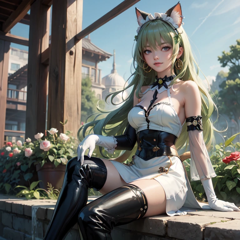 1girl, white maid dress, jewelry, green hair, flowing hair, long hair, white roses, firefly, oriental architecture, maid dress with a short skirt and layers, white laces, white boots, white dress with transparency, gold details on her clothes, cat ears, animal ears, outside, outdoor, seat on the water, meteor falling in the sky, white roses, grass flowers, more details, perfectly body, perfectly hands, two hands, two legs, two arms, five fingers, glowing hair, best quality, cat ears, animal ears, tail ornament, tail bow, white gloves, two cat tail, white gloves, alone, maid headdress, choker, garden scenery, detached sleeves, maid dress, maid white dress, strapless, masterpeice, best quality, detailed face, night, mobius (honkai impact), honkai (series), honkai impact 3rd, asymmetrical gloves, bangs, white short skirt , white gloves, white boots, earrings, elbow gloves, fishnet thighhighs, fishmasterpeice, solo, best quality, detailed face, gloves, green eyes, green hair, hair between eyes, jewelry, long hair, looking at viewer, single earring, sky, sleeveless, solo, thigh boots, thighhighs, tongue, tongue out, uneven gloves, sitting, cat ears, animal ears, cat tail, holding a ice cream