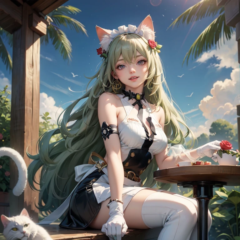 1girl, white maid dress, jewelry, green hair, flowing hair, long hair, white roses, firefly, oriental architecture, maid dress with a short skirt and layers, white laces, white boots, white dress with transparency, gold details on her clothes, cat ears, animal ears, outside, outdoor, seat on the water, meteor falling in the sky, white roses, grass flowers, more details, perfectly body, perfectly hands, two hands, two legs, two arms, five fingers, glowing hair, best quality, cat ears, animal ears, tail ornament, tail bow, white gloves, two cat tail, white gloves, alone, maid headdress, choker, garden scenery, detached sleeves, maid dress, maid white dress, strapless, masterpeice, best quality, detailed face, night, mobius (honkai impact), honkai (series), honkai impact 3rd, asymmetrical gloves, bangs, white short skirt , white gloves, white boots, earrings, elbow gloves, fishnet thighhighs, fishmasterpeice, solo, best quality, detailed face, gloves, green eyes, green hair, hair between eyes, jewelry, long hair, looking at viewer, single earring, sky, sleeveless, solo, thigh boots, thighhighs, tongue, tongue out, uneven gloves, sitting, cat ears, animal ears, cat tail, holding a ice cream