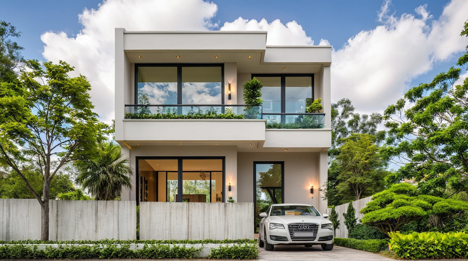 Masterpiece, high quality, best quality, authentic, super detail, outdoors, onestoreyvillaXL, aiaigroup, house style modern on the street ,stairs, white wall ,road,pavement, grass, trees, sky, cloud, (daylight:1.1)