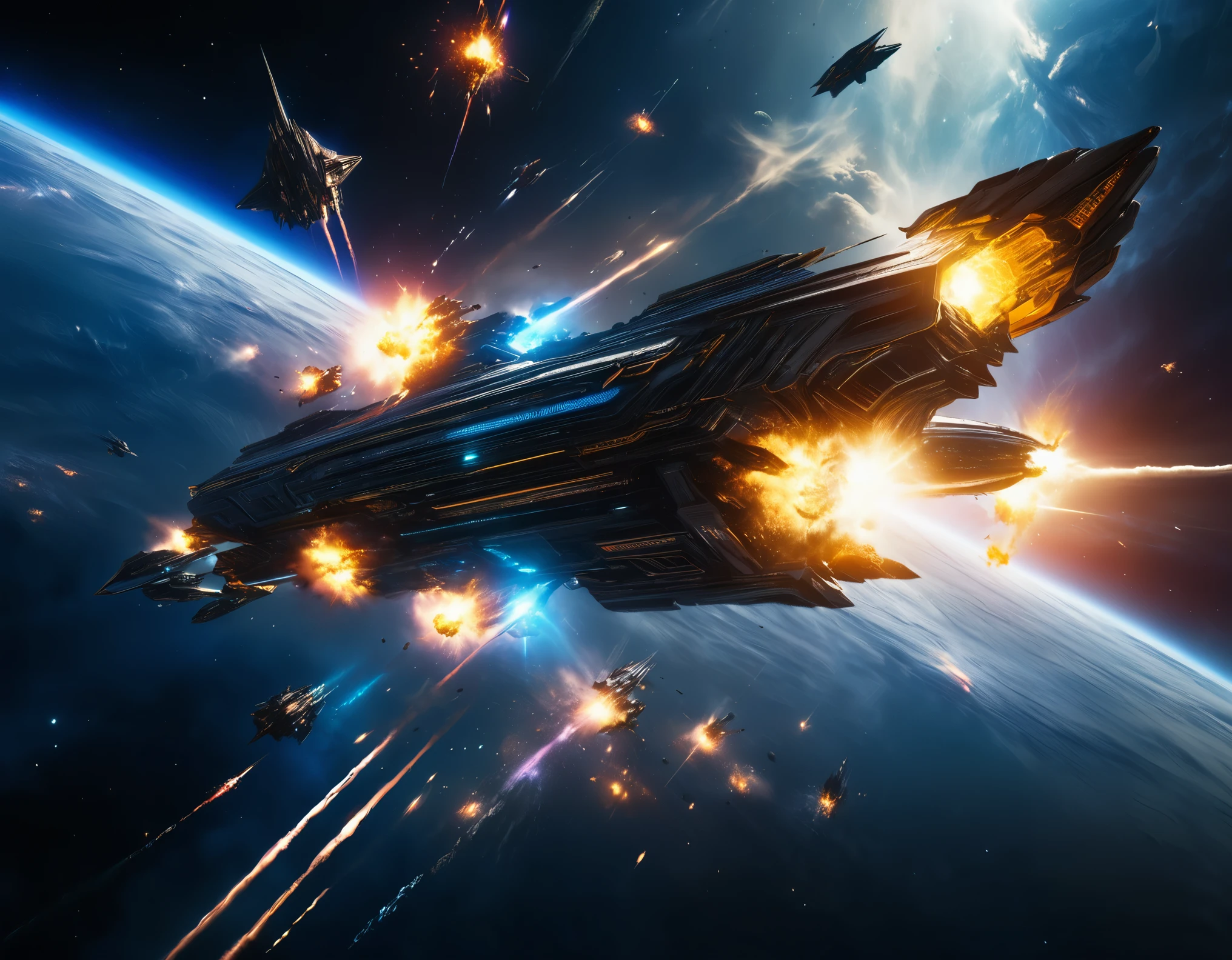 a massive space battle with epic scale, alien ships, futuristic weapons, massive explosions, intense energy beams, dramatic lighting, stunning cosmic background, cinematic perspective, hyper-detailed, intricate machinery, advanced technology, powerful engines, sleek and angular spacecraft, detailed texture, glowing energy fields, dramatic cloud formations, vibrant colors, cinematic lighting, photorealistic, 8k, (best quality,4k,8k,highres,masterpiece:1.2),ultra-detailed,(realistic,photorealistic,photo-realistic:1.37),vibrant colors,stunning details,epic scale