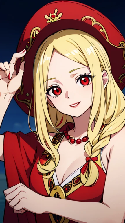 Beautiful anime girl, solo, 1girl, looking at viewer, cute, beautiful, red eyes, long hair, open hair, blonde hair, braided hair, StrawHat, one piece, smiling, light skin, red lips, anime, best quality, masterpiece, extremely detailed, 4k, red eyes, beautiful red eyes, detailed face, detailed eyes, golden necklace, golden earings, standing, extremely beautiful, high quality eyes, hair covering one eye, wanostyle, ((masterpiece)), (best quality), (extremely detailed), depth of field, sketch, dark intense shadows, sharp focus, soft lighting, hdr, colorful, good composition, spectacular, (Highest quality illustrations:1.2), (Kawaii Girl:1.1), (1girl in, solo:1.5), One pose、Neat and clean image、ultradetailed eyes:1.2), ((red-eyed、Blonde hair:1.5))、hair wavy、curlyhair, hair wavy、BREAK(top-quality、ultra-detailliert、highly detailed and beautiful、超A high resolution、Detailed arm:1.2)、a closeup, Wink, ocean beach background, pirate, high quality jewelry, thin body, black top, open red coat, black pants, cowboy shot