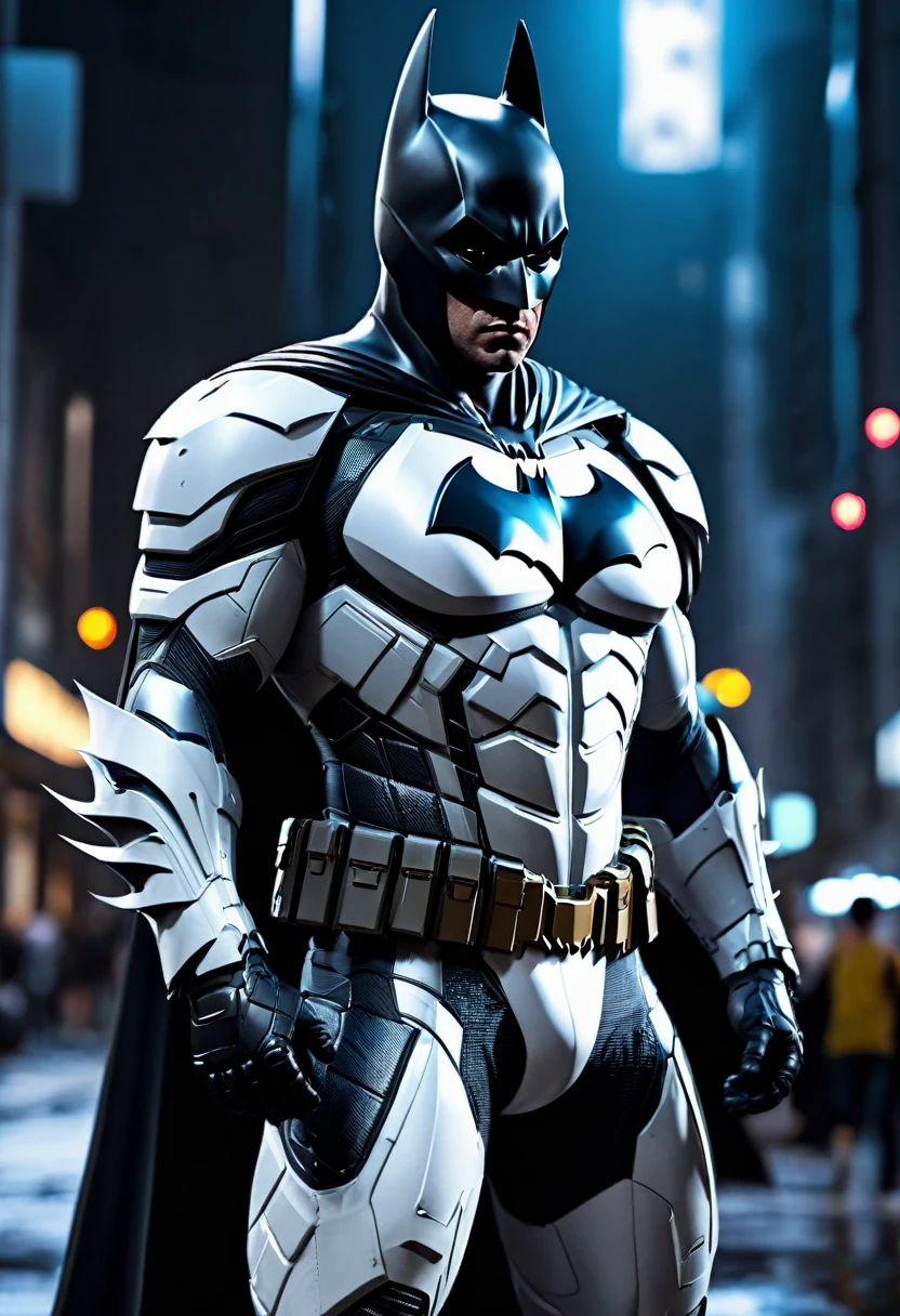 The realistic Batman white in cyber suit cinematic best quality 8k full body