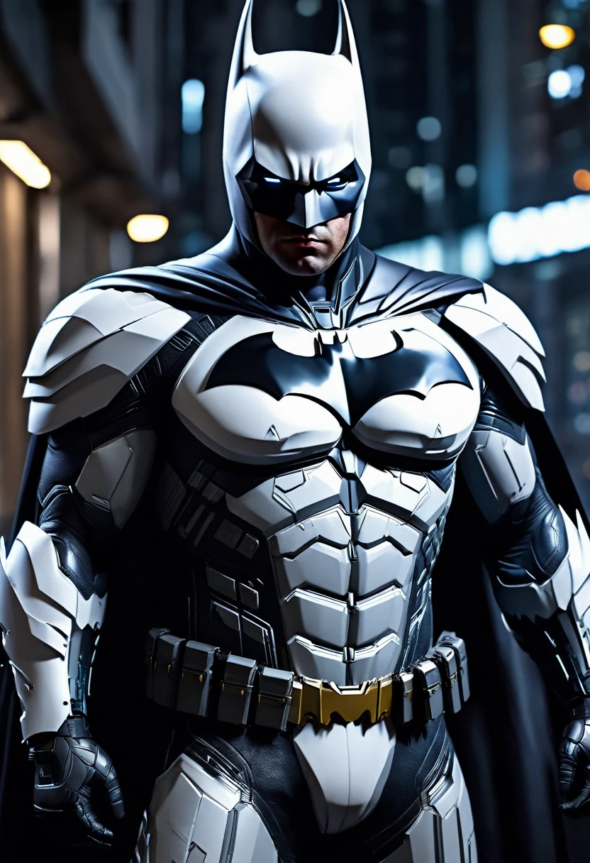 The realistic Batman white in cyber suit cinematic best quality 8k full body