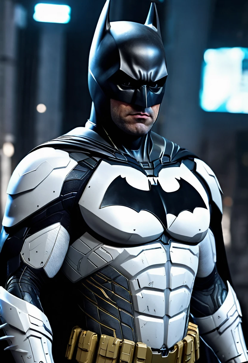 The realistic Batman white in cyber suit cinematic best quality 8k full body