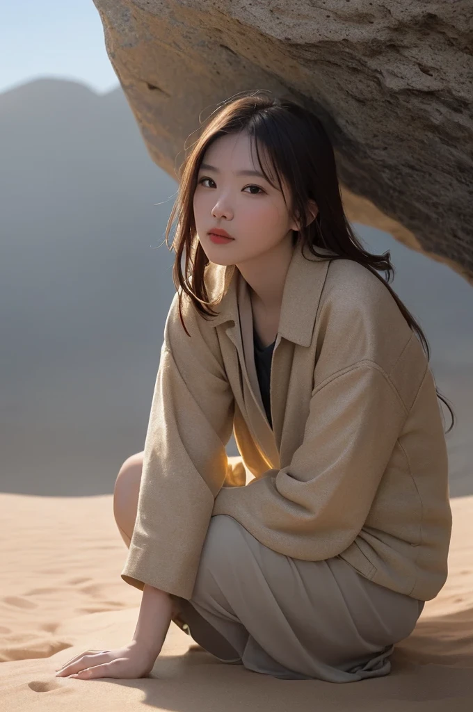 8k resolution, best quality, masterpiece:1.2, Practical, photo-Practical:1.37, Extremely detailed, best quality, Ultra-high resolution, Professional lighting, Photon Mapping, Radiosity, Physically Based Rendering, light, Unreal Engine, Depth of Field, Clear focus, RAW photos, Good composition, Bokeh:1.2, 35mm lens:1.25, (Between strategies)+, Desert Planet, Dust Wind, Crouching behind a rock, Shoot right with blaster,