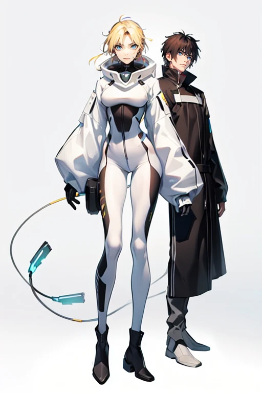 
1 male and 1 woman (tall man, slim, manly, dominate,  half white and half black colored-hair, man has yellow eyes, tough, wearing a sci-fi space outfit, has 1 earring.)(a thin woman, long blonde hair, green eyes, wearing scifi outfit) best quality, adorable, ultra-detailed, illustration, complex, detailed, extremely detailed, detailed face, soft light, soft focus, perfect face. illustration. two people, couple: Full body 