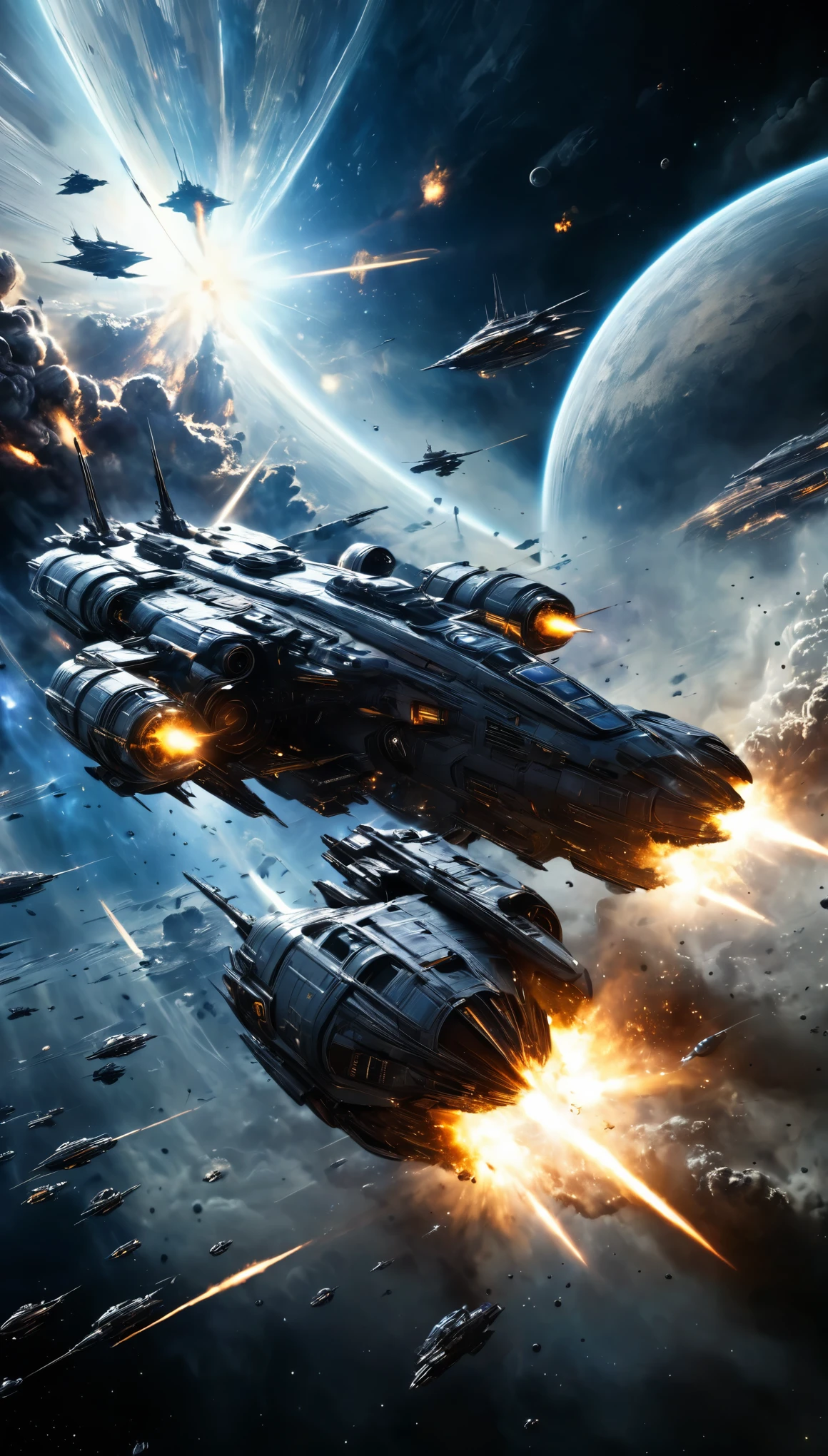 en medio del espacio, a dramatic futuristic sci-fi space war, massive explosions, epic scale, intense action, gritty realism, cinematic composition, dramatic lighting, highly detailed spacecraft, advanced alien technology, powerful energy weapons, swirling cosmic clouds, distant stars, heroic pilots, intense battle, war-torn landscapes