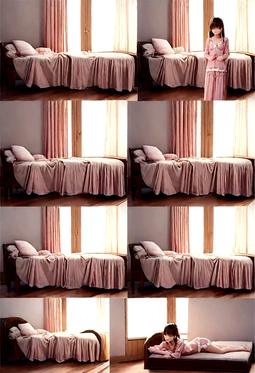 Create a high-quality video showcasing a sleepwear set with a model posing gracefully on a bed. The video should feature professional 3D camera angles to highlight the product from all perspectives. Follow these specific instructions: Introduction: Start with a wide shot of the entire scene, showing the model and the bed in a well-lit, aesthetically pleasing bedroom setting. Zoom-In and Detail Shots: Slowly zoom in on the model to focus on the details of the sleepwear. Capture close-up shots of the fabric, design, and any unique features such as lace, buttons, or patterns. 360-Degree View: Implement a 360-degree camera rotation around the model to provide a comprehensive view of the sleepwear. Ensure the camera moves smoothly and maintains focus on the product. Dynamic Angles: Use dynamic angles to showcase the sleepwear from different perspectives, including top-down views, low angles, and side views. Highlight how the fabric moves and drapes naturally. Pose Transitions: Have the model change poses to demonstrate the versatility and comfort of the sleepwear. Include poses such as lying down, sitting up, and stretching to show how the product looks in different positions. Lighting Effects: Utilize soft, flattering lighting to enhance the visual appeal of the sleepwear. Play with light and shadow to create depth and highlight the texture of the fabric. Conclusion: End with a final wide shot of the model smiling and looking comfortable in the sleepwear, providing a sense of relaxation and luxury. Background Music: Add soothing background music that complements the theme of comfort and elegance.