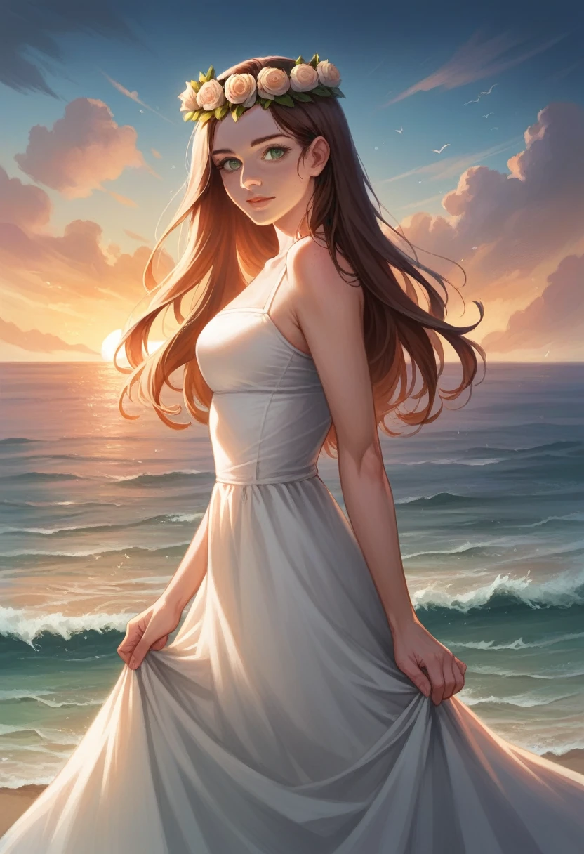 a beautiful girl in a peaceful seaside garden, long brown hair, detailed facial features, green eyes, flower crown, flowing white dress, standing by the shore, crashing waves, sunset sky, golden light, cinematic lighting, highly detailed, photorealistic, vibrant colors, digital art