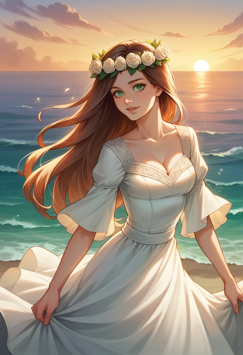 a beautiful girl in a peaceful seaside garden, long brown hair, detailed facial features, green eyes, flower crown, flowing white dress, standing by the shore, crashing waves, sunset sky, golden light, cinematic lighting, highly detailed, photorealistic, vibrant colors, digital art
