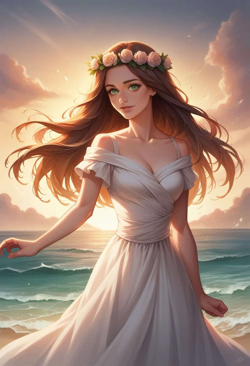 a beautiful girl in a peaceful seaside garden, long brown hair, detailed facial features, green eyes, flower crown, flowing white dress, standing by the shore, crashing waves, sunset sky, golden light, cinematic lighting, highly detailed, photorealistic, vibrant colors, digital art