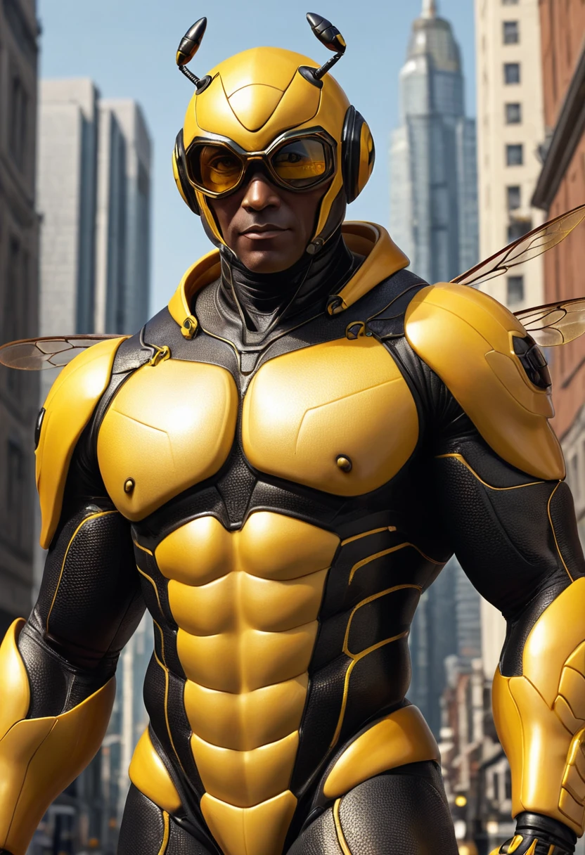 ((absurdres)) perfect whole body, ultra photorealistic, top quality, Photorealistic, ((16k UHD)) High Definition, high-res, ultra sharp, masterpiece, the best quality, intricate details, detailed eyes, perfect face detailed face, (((in a capital city town))) orange goggles, masterpiece, highly detailed exquisite character art, perfectly detailed anatomy, detailed body, detailed pecs, hyper pecs, thick thighs, (((sunny weather))) (((natural lights))), ultra-realistic, (((1male))) ((tall muscular man male humanoid)), bald, humanoid yellow skin, bee anatomy, deity, god of honey bees, humanoid black & yellow skin tone, yellow hue, powerful humanoid appearance, compound eyes, stinger, abdomen, metallic scales, scales. Metallic armour, wings, elf ears, glossy skin, large smirking face, flying in the sky, mandibles, Antenna, honey, ((male muscular stripe black & yellow humanoid insect honey bee)) (((yellow skin))), (((black skin))) 