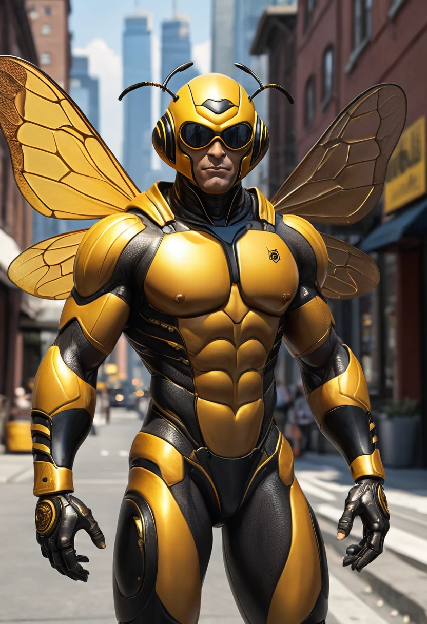 ((absurdres)) perfect whole body, ultra photorealistic, top quality, Photorealistic, ((16k UHD)) High Definition, high-res, ultra sharp, masterpiece, the best quality, intricate details, detailed eyes, perfect face detailed face, (((in a capital city town))) orange goggles, masterpiece, highly detailed exquisite character art, perfectly detailed anatomy, detailed body, detailed pecs, hyper pecs, thick thighs, (((sunny weather))) (((natural lights))), ultra-realistic, (((1male))) ((tall muscular man male humanoid)), bald, humanoid yellow skin, bee anatomy, deity, god of honey bees, humanoid black & yellow skin tone, yellow hue, powerful humanoid appearance, compound eyes, stinger, abdomen, metallic scales, scales. Metallic armour, wings, elf ears, glossy skin, large smirking face, flying in the sky, mandibles, Antenna, honey, ((male muscular stripe black & yellow humanoid insect honey bee)) (((yellow skin))), (((black skin))) 