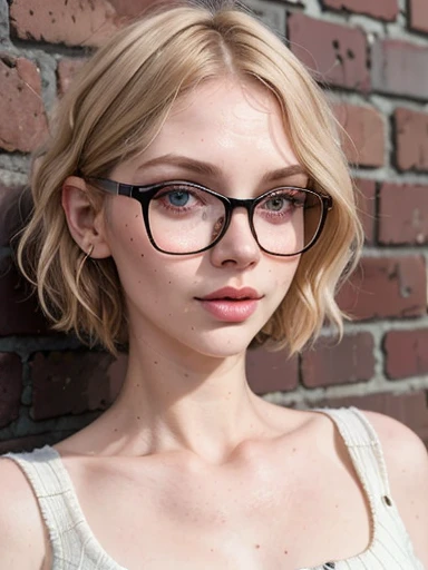 dynamic close-up of the upper part of 1 Russian Woman with freckles, extremely albino, extremely thin and beautiful, perfect body, well-shaped face, skin with highly detailed depth, she is Leaning against a brick wall, (haircut, wavy hair and blondes), (detailed, large, bright eyes, light brown eyes, curled eyelashes, large glasses), (sensuously pouting with mouth), wearing a short sweater showing off the shoulders, ultra realistic, vibrant and pointed image, dynamic vision, high quality 32k, hyper-realistic, cinematic.