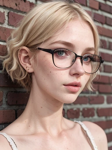 dynamic close-up of the upper part of 1 Russian Woman with freckles, extremely albino, extremely thin and beautiful, perfect body, well-shaped face, skin with highly detailed depth, she is Leaning against a brick wall, (haircut, wavy hair and blondes), (detailed, large, bright eyes, light brown eyes, curled eyelashes, large glasses), (sensuously pouting with mouth), wearing a short sweater showing off the shoulders, ultra realistic, vibrant and pointed image, dynamic vision, high quality 32k, hyper-realistic, cinematic.