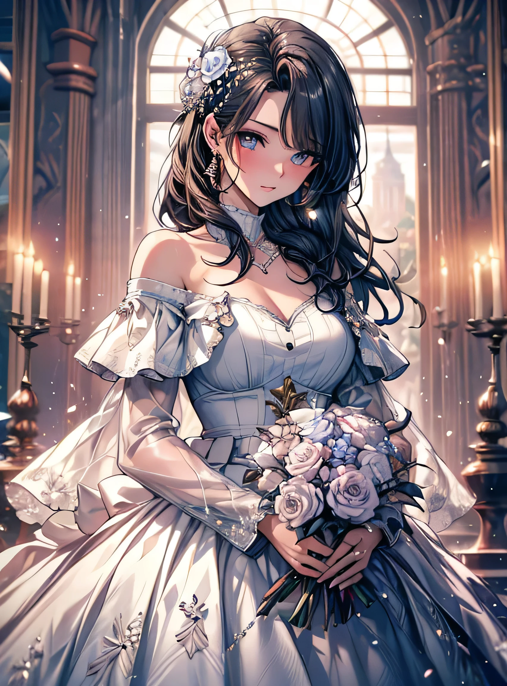 masterpiece, Highest quality, High resolution, sa1, Floral off-shoulder dress, Sparkling eyes, False eyelashes, Cute atmosphere, Holding a bouquet,
